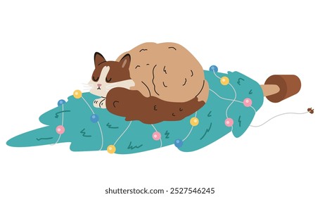 Cute cat sleeping on a fallen Christmas tree with garland flat vector illustration isolated on white.