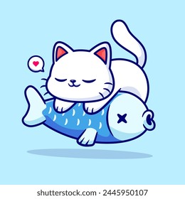 Cute Cat Sleeping On Fish Cartoon Vector Icon Illustration. Animal Food Icon Concept Isolated Premium Vector. Flat Cartoon Style