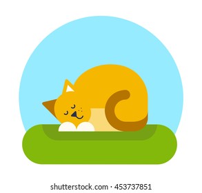 Cute cat is sleeping on a green grass. Flat design vector illustration.