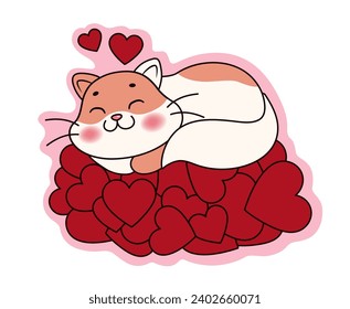 Cute cat sleeping on heap of red hearts on white background. Val