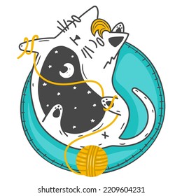 Cute cat sleeping on his cozy mat. Funny cat wrapped in wool knitting thread. Animation style vector illustration