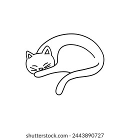 Cute cat sleeping on his back sketch engraving vector illustration. T-shirt apparel print design. Scratch board imitation. Black and white hand drawn image.