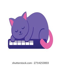 Cute cat sleeping on keyboard during office hours, funny office moment, vector illustration, tired feline, modern workspace, workplace humor, office life