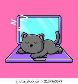 Cute Cat Sleeping On Laptop Cartoon Vector Icon Illustration. Animal Technology Flat Cartoon Concept