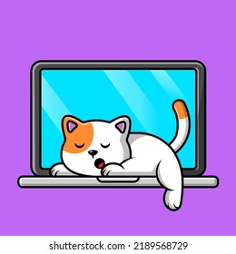 Cute Cat Sleeping On Laptop Cartoon Vector Icon Illustration. Animal Technology Flat Cartoon Concept