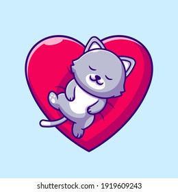 Cute Cat Sleeping On Love Pillow Cartoon Vector Icon Illustration. Animal Nature Icon Concept Isolated Premium Vector. Flat Cartoon Style