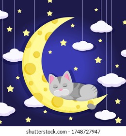 Cute cat sleeping on the moon. Good night design concept. Childish vector illustration. Cartoon kitten seating on half moon on midnight. Cat dreaming and thinking about everything. Stars on sky 