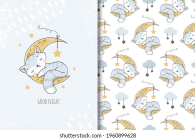 Cute cat sleeping on the moon card and hand drawn seamless pattern