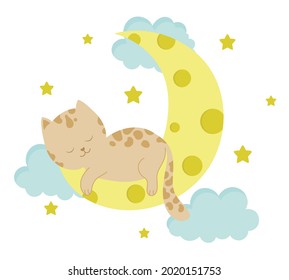 Cute cat sleeping on the moon. Baby animal concept illustration for nursery, character for children.