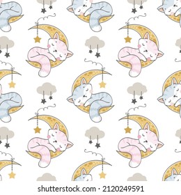 Cute cat sleeping on the moon seamless pattern
