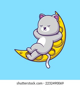 Cute Cat Sleeping On Moon Cartoon Vector Icons Illustration. Flat Cartoon Concept. Suitable for any creative project.