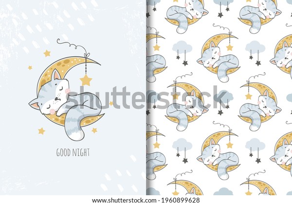 Cute cat sleeping on the moon card and hand drawn\
seamless pattern