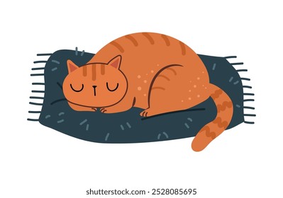 Gato lindo que duerme en el cojín del animal doméstico. Vector gatito aislado dormido, acostado sobre una almohada suave y acogedora. Muebles caseros cómodos de los animales para los felinos. Personaje de dibujos animados relajante en la fría temporada de invierno