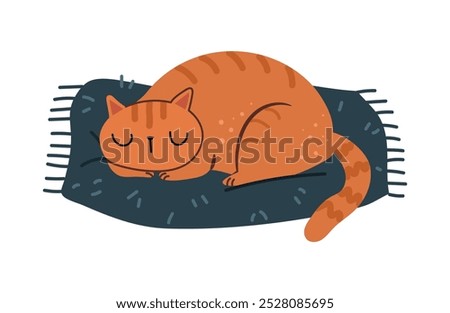 Cute cat sleeping on pet cushion. Vector isolated kitty asleep, lying on soft cozy pillow. Comfortable home animals furniture for felines. Cartoon character relaxing in cold winter season