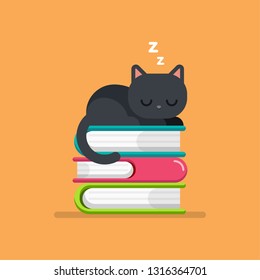 Cute cat sleeping on a Pile of Books, education concept, vector illustration.