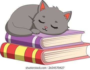 Cute Cat Sleeping On Pile Of Books Illustration