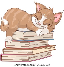 Cute cat are sleeping on pile of books