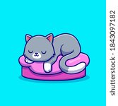 Cute Cat Sleeping On The Pillow Cartoon Vector Icon Illustration. Animal Love Icon Concept Isolated Premium Vector. Flat Cartoon Style