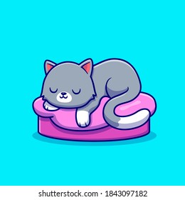 Cute Cat Sleeping On The Pillow Cartoon Vector Icon Illustration. Animal Love Icon Concept Isolated Premium Vector. Flat Cartoon Style