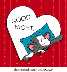 Cute cat sleeping on a pillow in a heart.