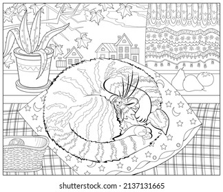 Cute cat sleeping on a pillow in warm room near window. Coloring book for children and adults. Illustration in zen-tangle style. Printable page for drawing and meditation. Black and white vector.