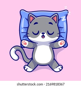 Cute Cat Sleeping On Pillow Cartoon Vector Icon Illustration. Animal Nature Icon Concept Isolated Premium Vector. Flat Cartoon Style
