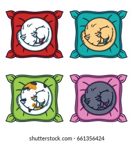 Cute cat sleeping on a pillow. Set cats. Isolated objects on white background. Vector illustration.