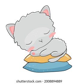 Cute cat sleeping on pillows. Vector illustration.