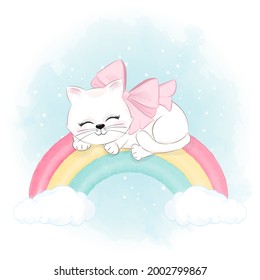 Cute cat sleeping on the rainbow cartoon animal watercolor illustration