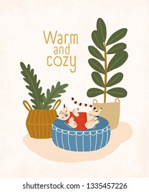 Cute cat sleeping on round ottoman, houseplants and Warm And Cozy slogan. Room with comfy furnishings, comfortable house or apartment decorated in Scandinavian hygge style. Flat vector illustration.