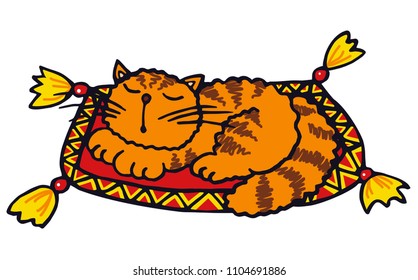 Cute cat is sleeping on a royal pillow. Colored vector for gift or card. 