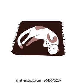 Cute cat sleeping on rug. Sweet kitty resting and dreaming, lying on mat. Adorable sleepy kitten relaxing. Flat vector illustration of funny feline animal isolated on white background