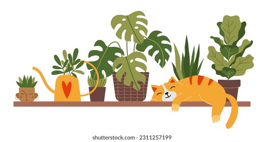 A cute cat is sleeping on a shelf next to houseplants, cartoon style. Potted plants for interior. Urban Cozy home gardening hobby. Trendy modern isolated vector illustration, hand drawn, flat.