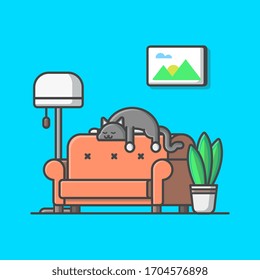 Cute Cat Sleeping On Sofa Living Room Cartoon Vector Icon Illustration. Animal House Icon Concept Isolated Premium Vector. Flat Cartoon Style