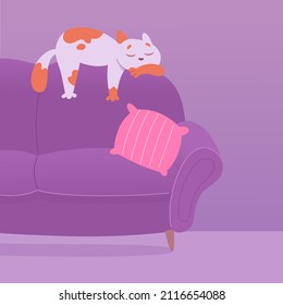 Cute cat sleeping on sofa with pillow in purple modern living room interior vector illustration. Cartoon one funny pet lying on cozy couch of home apartment, relax of tired kitten animal indoor