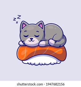 Cute Cat Sleeping On Sushi Salmon Cartoon Vector Icon Illustration. Animal Food Icon Concept Isolated Premium Vector. Flat Cartoon Style