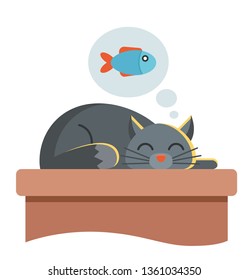 cute cat is sleeping on the table. he dreams of fish and he wants to eat. character vector illustration.