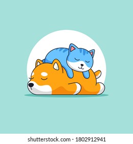 Cute cat sleeping on top of dog back animal activity vector outline illustration