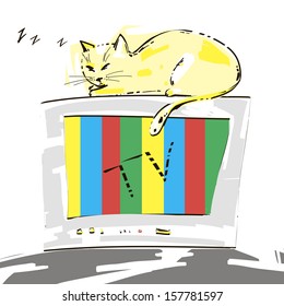 Cute cat sleeping on the TV. Vector.