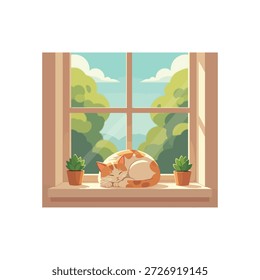 Gato lindo que duerme en el diseño plano del Vector del icono del umbral de la ventana.