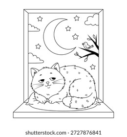 Cute cat sleeping on a window sill at night, crescent moon and stars in the sky, coloring page for kids, vector illustration.