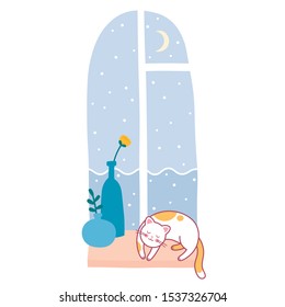 cute cat is sleeping on the windowsill. happy winter holiday. vector illustration