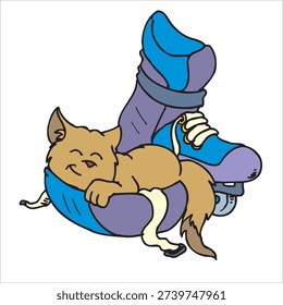 Cute cat sleeping peacefully on roller skate cartoon illustration with playful and cozy concept. Hand drawn flat style animal character with bold clean outline isolated on white background. Perfect for sticker design, kids apparel, nursery decoration, t shirt print, mascot branding, greeting card, and fun pet themed graphic projects.