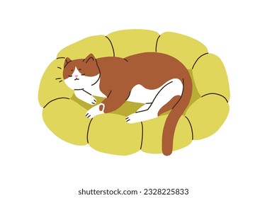 Cute cat sleeping in pet bed, cozy pillow. Adorable kitty asleep, lying on comfortable soft cushion, feline furniture. Sleepy relaxing pussycat. Flat vector illustration isolated on white background