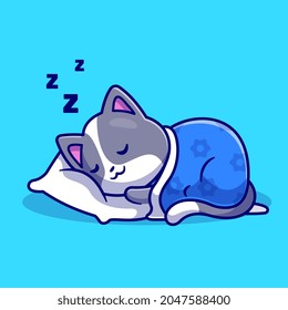 Cute Cat Sleeping With Pillow And Blanket Cartoon Vector Icon Illustration. Animal Nature Icon Concept Isolated Premium Vector. Flat Cartoon Style