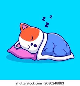 Cute Cat Sleeping With Pillow And Blanket Cartoon Vector Icon Illustration. Animal Nature Icon Concept Isolated Premium Vector. Flat Cartoon Style