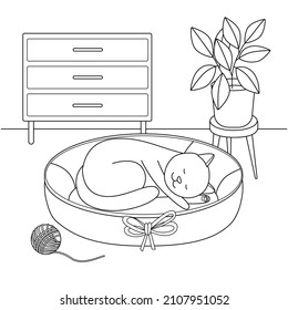 Un gato lindo durmiendo, almohada, habitación y flor, sobre un fondo blanco, libro de colores para los niños. Forma simple, boceto, Doodle.