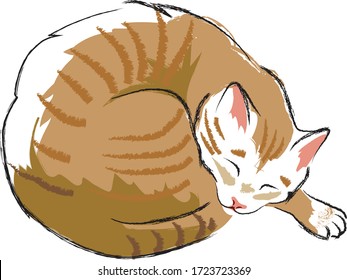 The cute cat is sleeping, putting his head on his paw and tail. Pet care. Animal care and support. Vector Illustration. Cartoon style