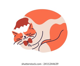 Un gato lindo durmiendo en un sombrero santa. Una mascota divertida se acurrucó, soñando en las vacaciones de invierno. Noche felino dormido. Un gatito gordo relajante. Ilustración vectorial gráfica plana aislada en fondo blanco