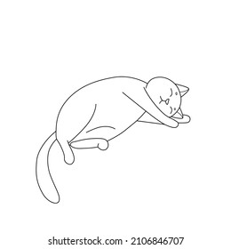 Cute cat is sleeping and smiling. Silhouette in Doodle style, black lines, sketch. For decoration, coloring for children, logo.